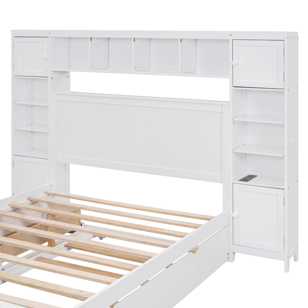 Full Size Wooden Bed With All-in-One Cabinet, Shelf and Sockets,Twin Size Trundle, White