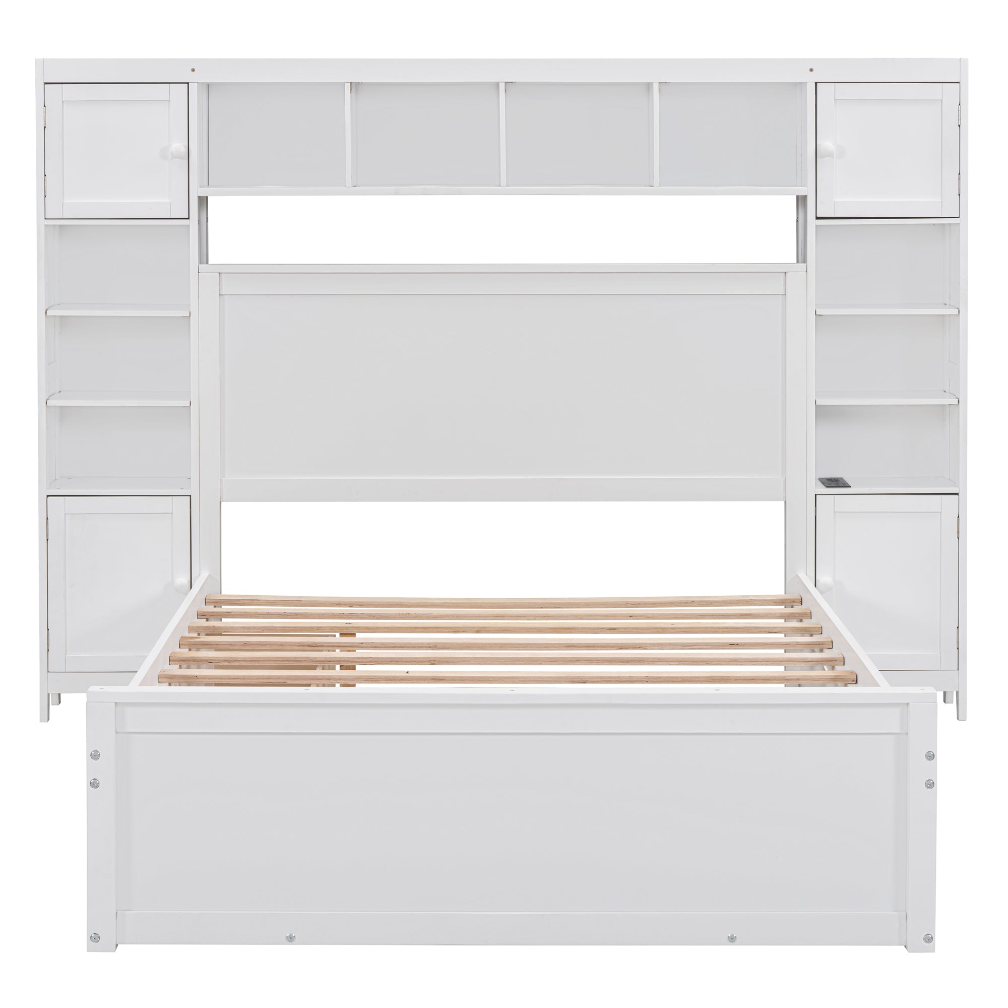 Full Size Wooden Bed With All-in-One Cabinet, Shelf and Sockets,Twin Size Trundle, White