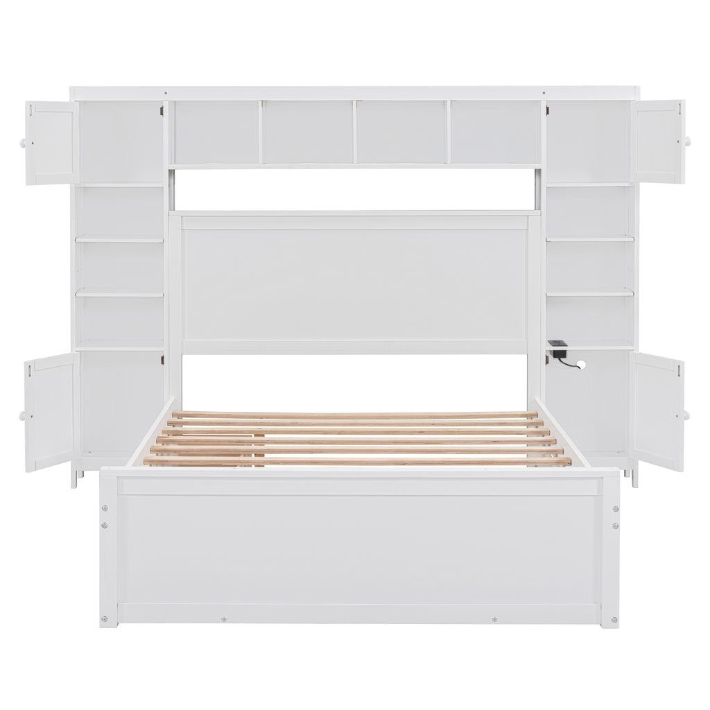 Full Size Wooden Bed With All-in-One Cabinet, Shelf and Sockets,Twin Size Trundle, White