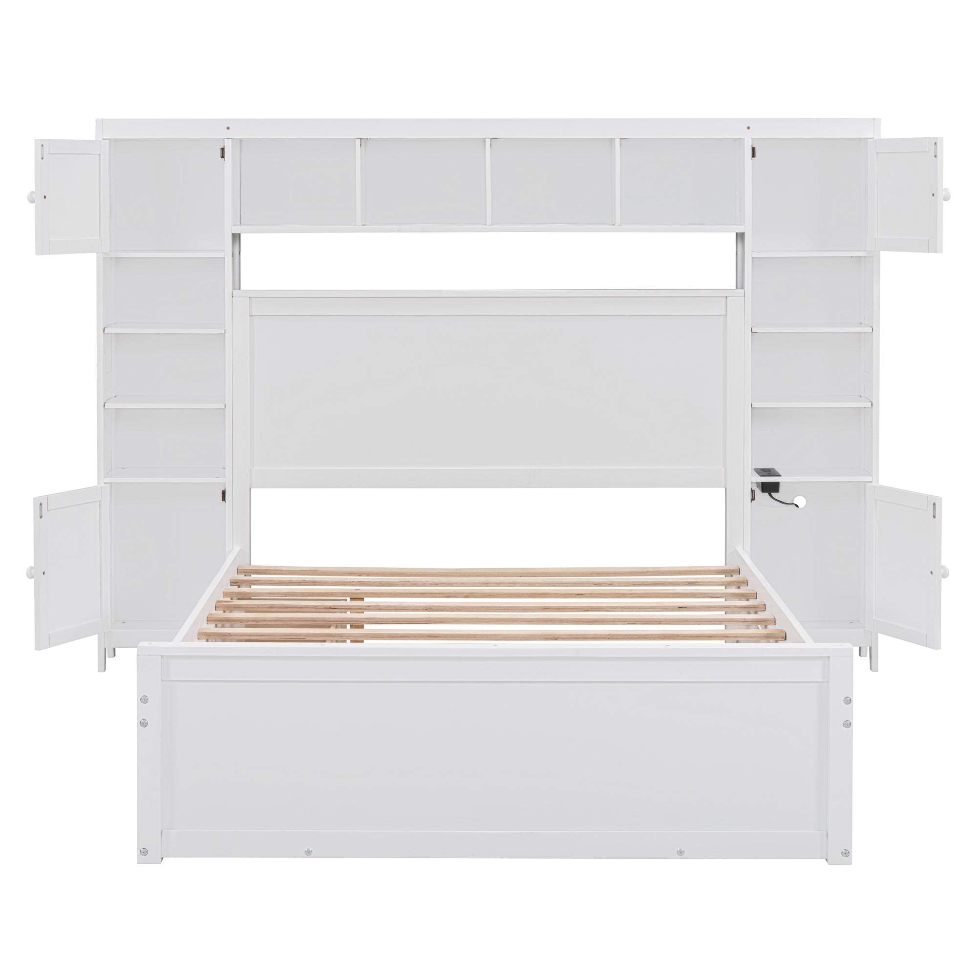 Full Size Wooden Bed With All-in-One Cabinet, Shelf and Sockets,Twin Size Trundle, White