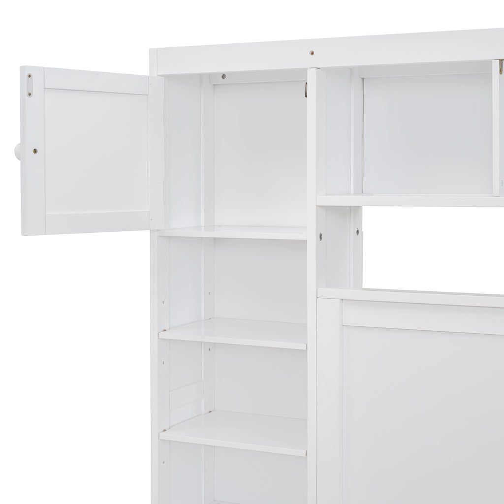 Full Size Wooden Bed With All-in-One Cabinet, Shelf and Sockets,Twin Size Trundle, White