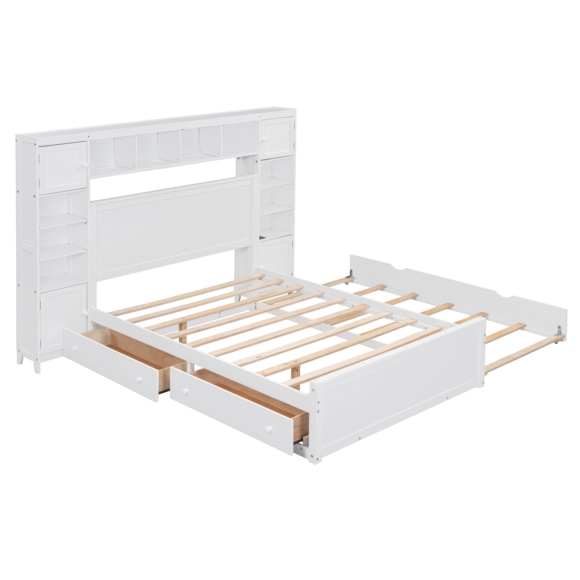 Full Size Wooden Bed With All-in-One Cabinet, Shelf and Sockets,Twin Size Trundle, White