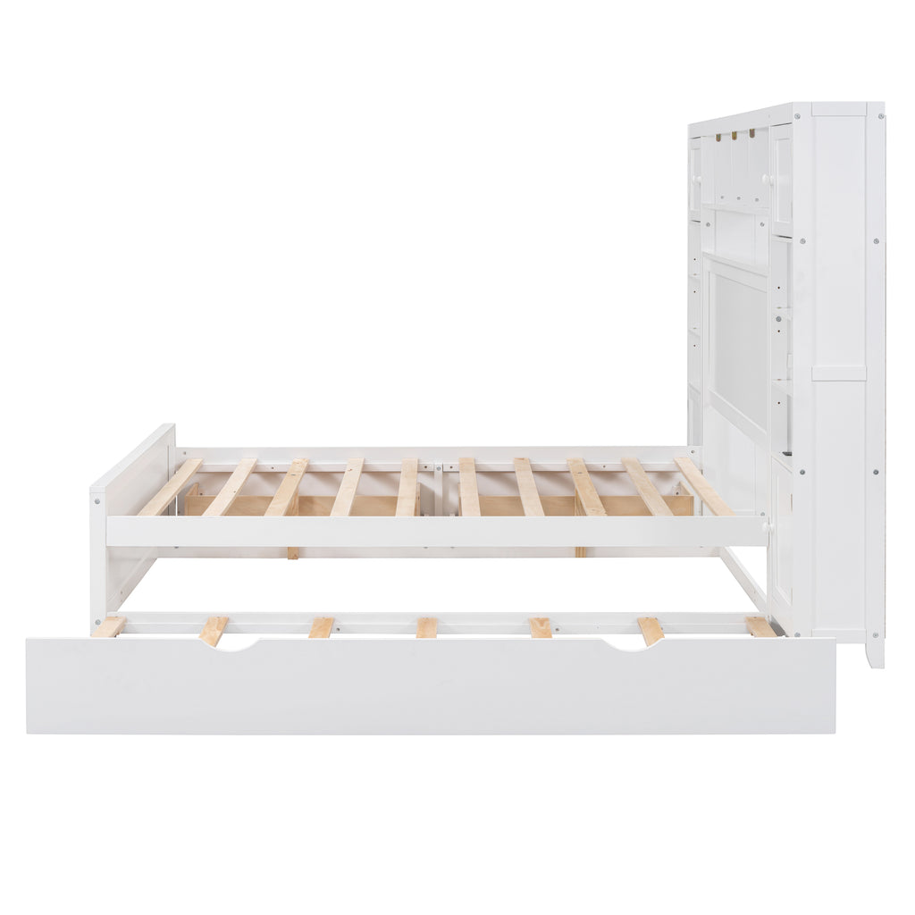 Full Size Wooden Bed With All-in-One Cabinet, Shelf and Sockets,Twin Size Trundle, White