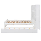 Full Size Wooden Bed With All-in-One Cabinet, Shelf and Sockets,Twin Size Trundle, White