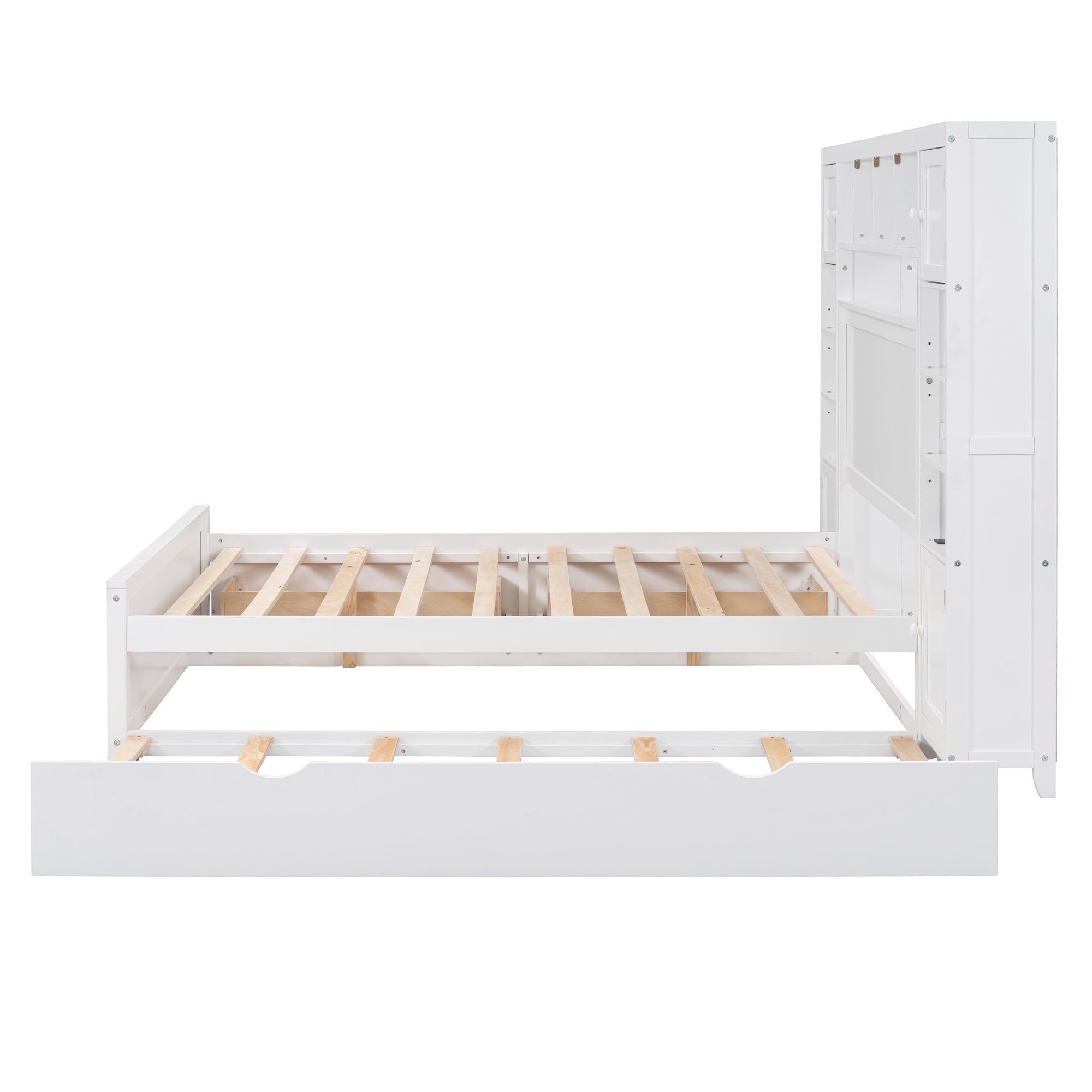 Full Size Wooden Bed With All-in-One Cabinet, Shelf and Sockets,Twin Size Trundle, White