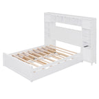 Full Size Wooden Bed With All-in-One Cabinet, Shelf and Sockets,Twin Size Trundle, White