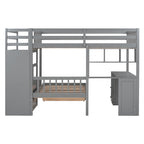 Full Over Twin Bunk Bed with Desk, Drawers and Shelves, Gray
