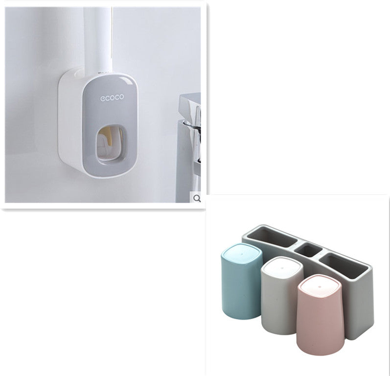 Wall Mounted Automatic Toothpaste Holder Bathroom Accessories Set Dispenser Grey Three cups