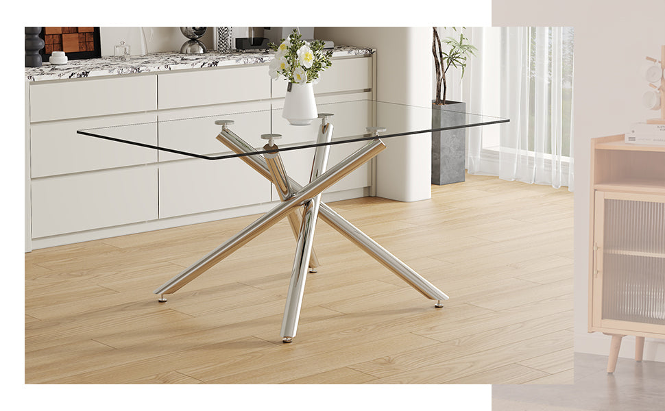 Large Modern Minimalist Rectangular Glass Dining Table with 0.39' Tempered Glass Tabletop and Silver Chrome Metal Legs, for Kitchen Dining Living Meeting Room Banquet hall,63''x35''x 29''W1151S00191