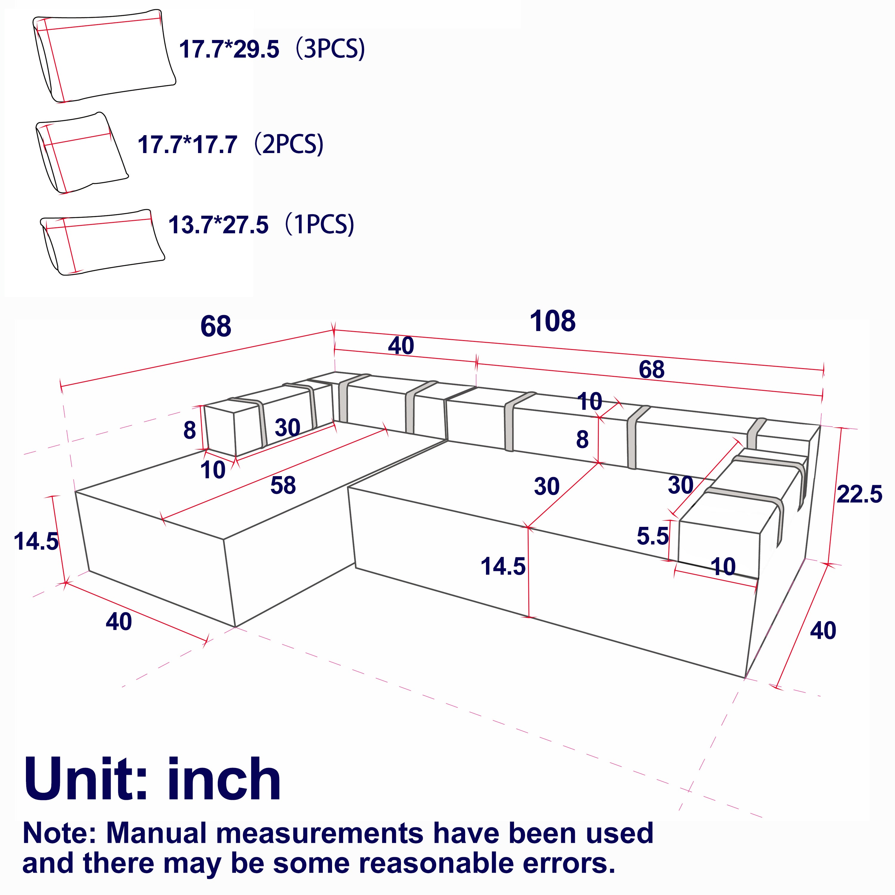Modern Chenille Upholstered Sectional Sofa Couch Set,Modular 108' L Shaped Sectional Living Room Sofa Set With 6 Pillows,Free Combination Sofa Couch for Living Room,Bedroom(Left Chaise)W834P240009