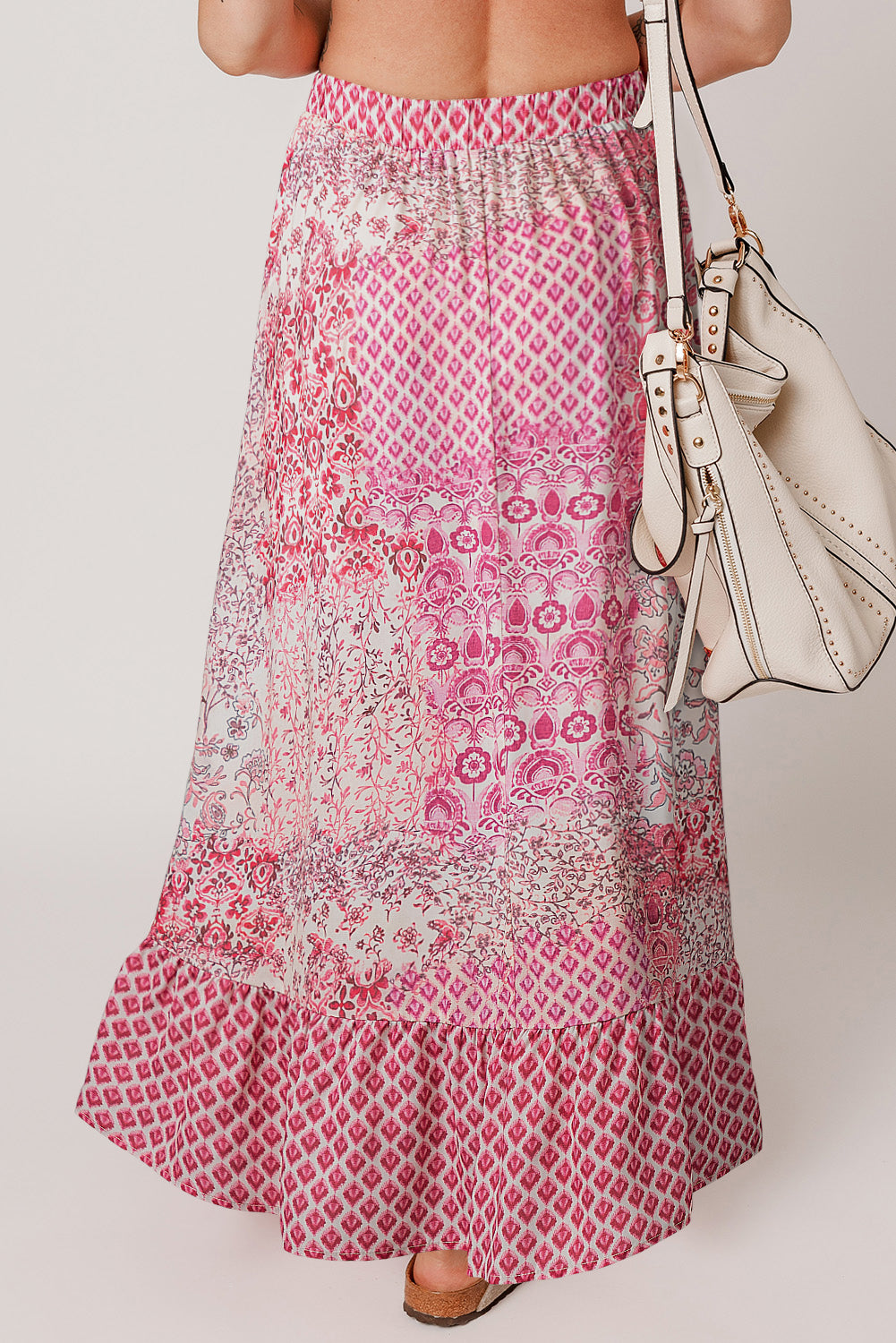 Red Boho Pattern Print Tassel Drawstring Elastic Waistband Maxi Skirt- Women