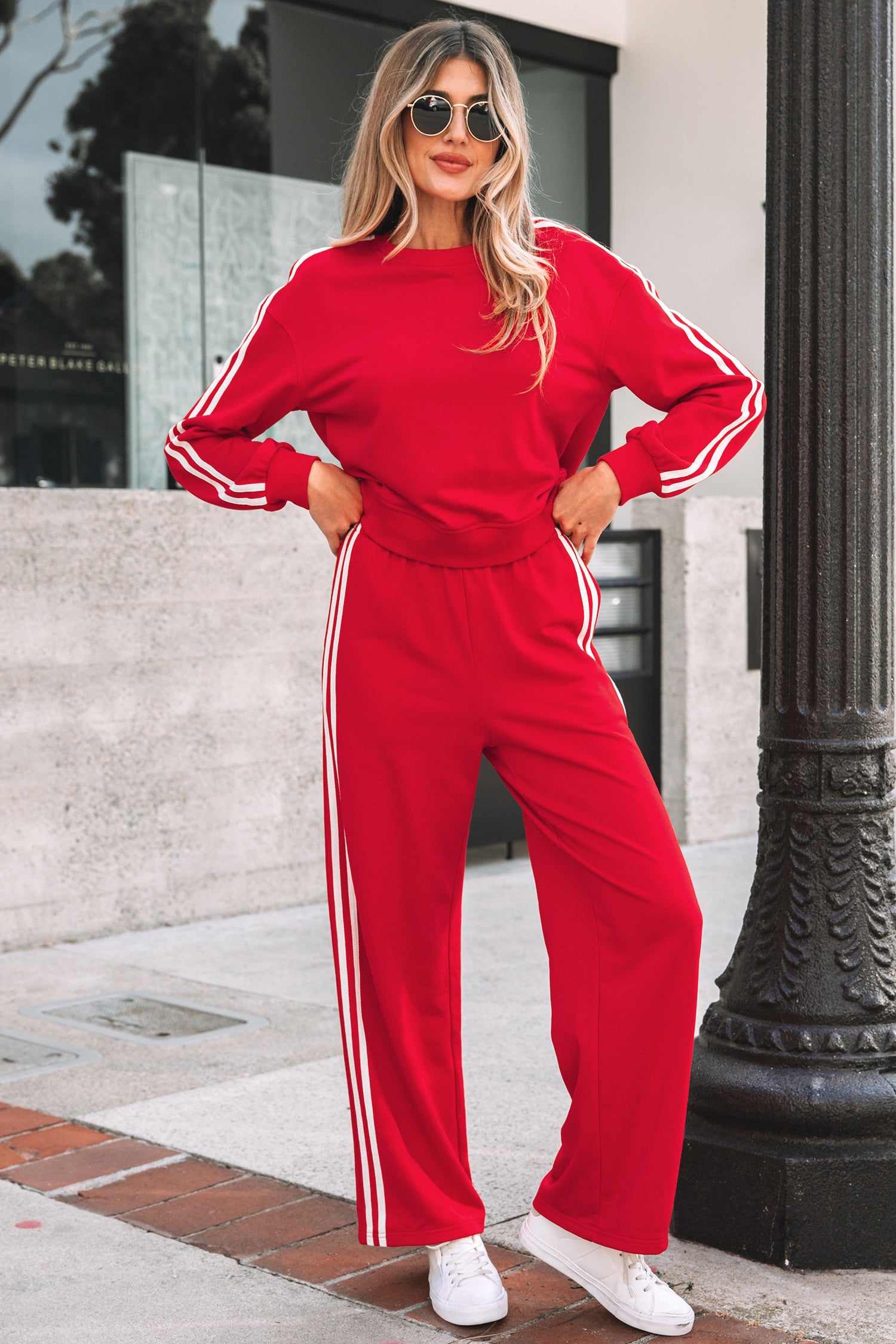 Fiery Red Varsity Striped Detail Crewneck Pullover Elastic Sweatpants 2pcs Outfit- Women