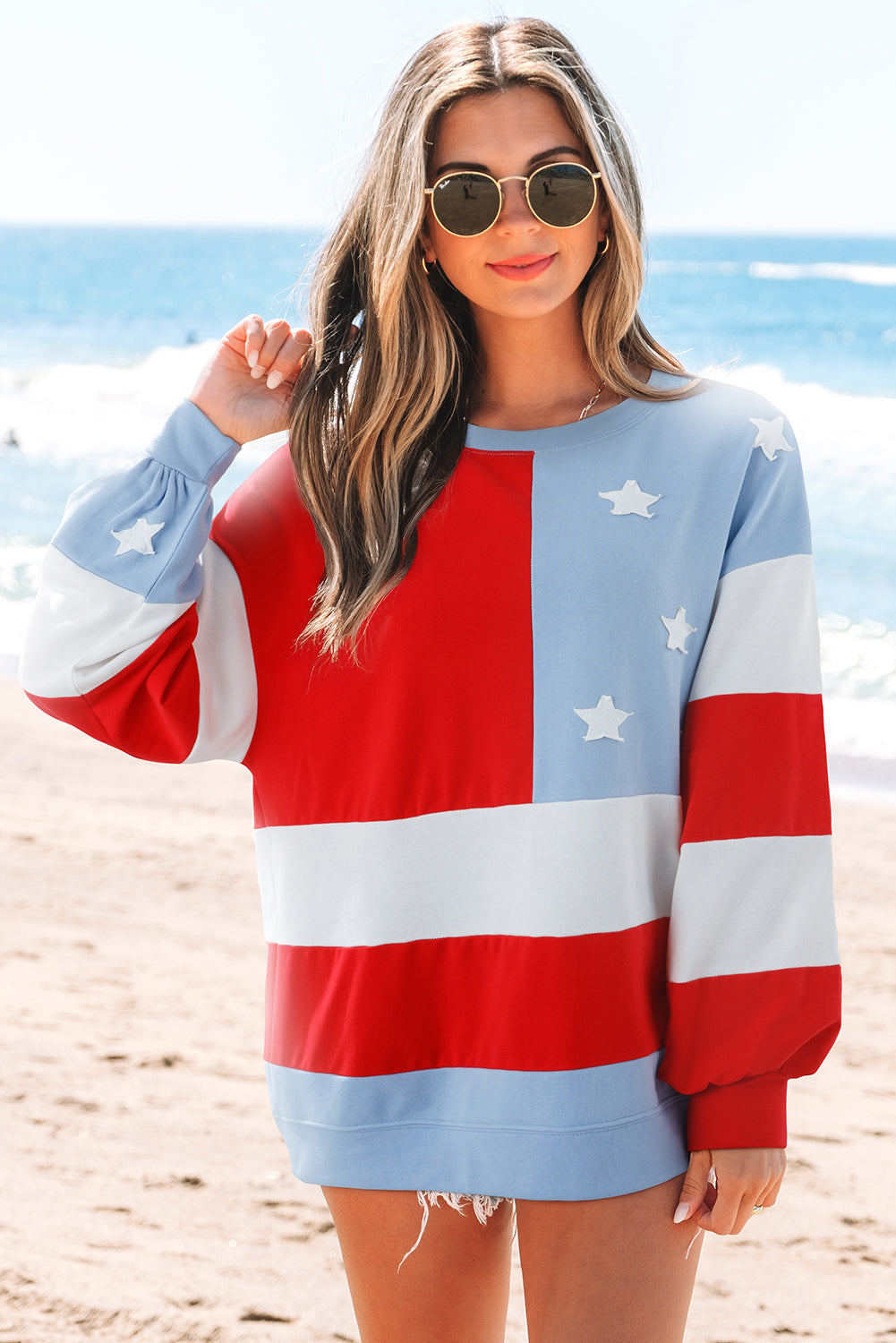 Multicolour American Flag Vintage Oversized Pullover Sweatshirt- Women Multicolour 68%Cotton+26.5%polyester+5.5%Elastane