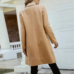 Women's Solid Color Double-Breasted Wool-Like Coat Notch Lapel Long Sleeve Mid-Length Overcoat With Pockets