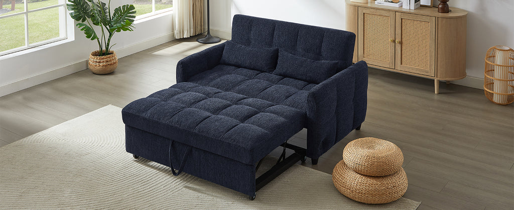 Modern Loveseat Sofa Pull-out Bed with Adjustable Backrest, USB Ports, Lumbar Pillows, Blue Chenille, 52.8'