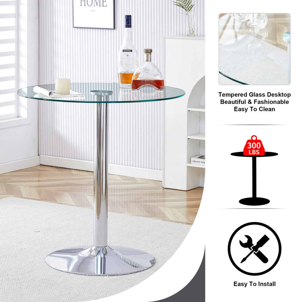 Modern Minimalist Circular Glass Dining Table with Electroplated Silver Metal Legs, 35-Inch Diameter