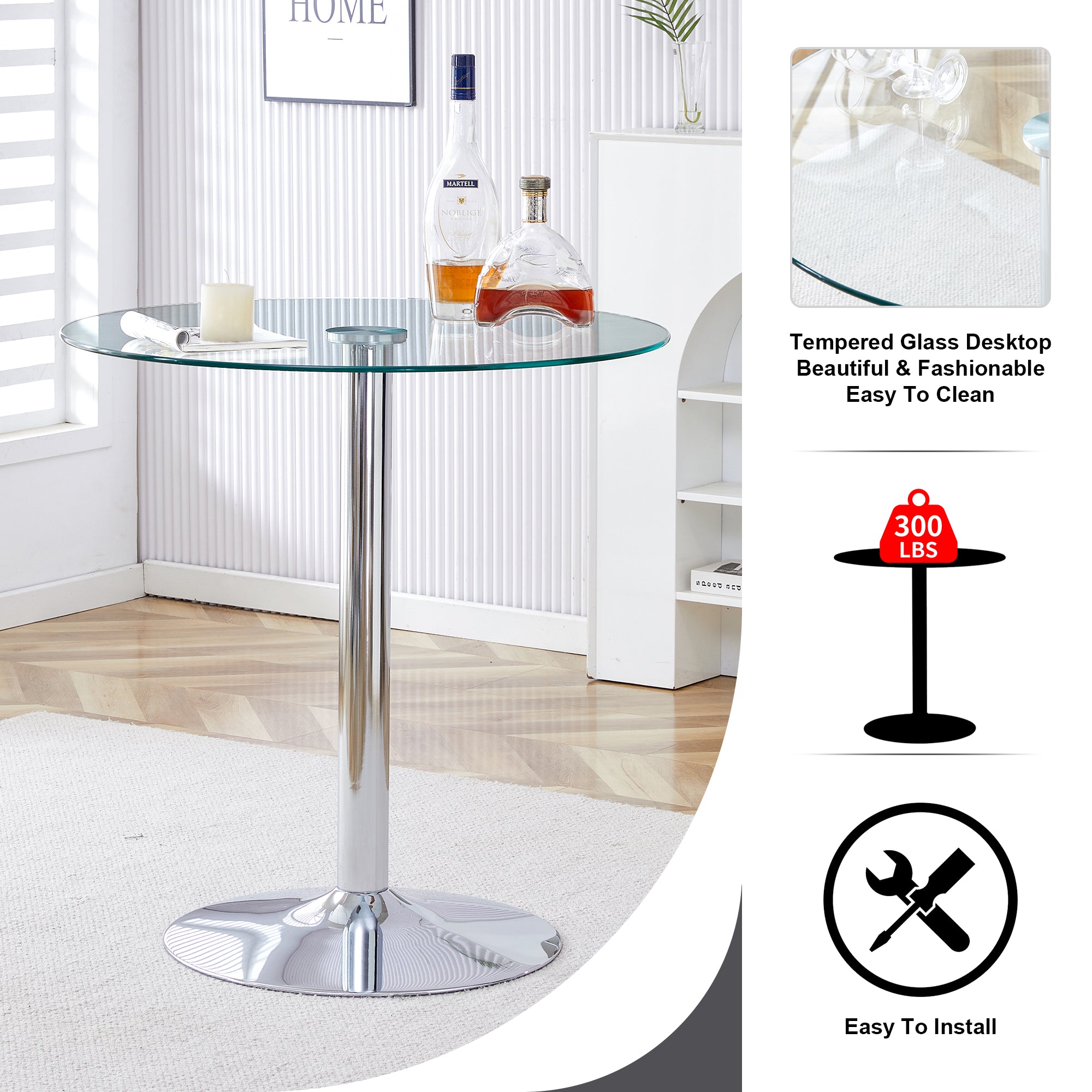 Modern Minimalist Circular Glass Dining Table with Electroplated Silver Metal Legs, 35-Inch Diameter