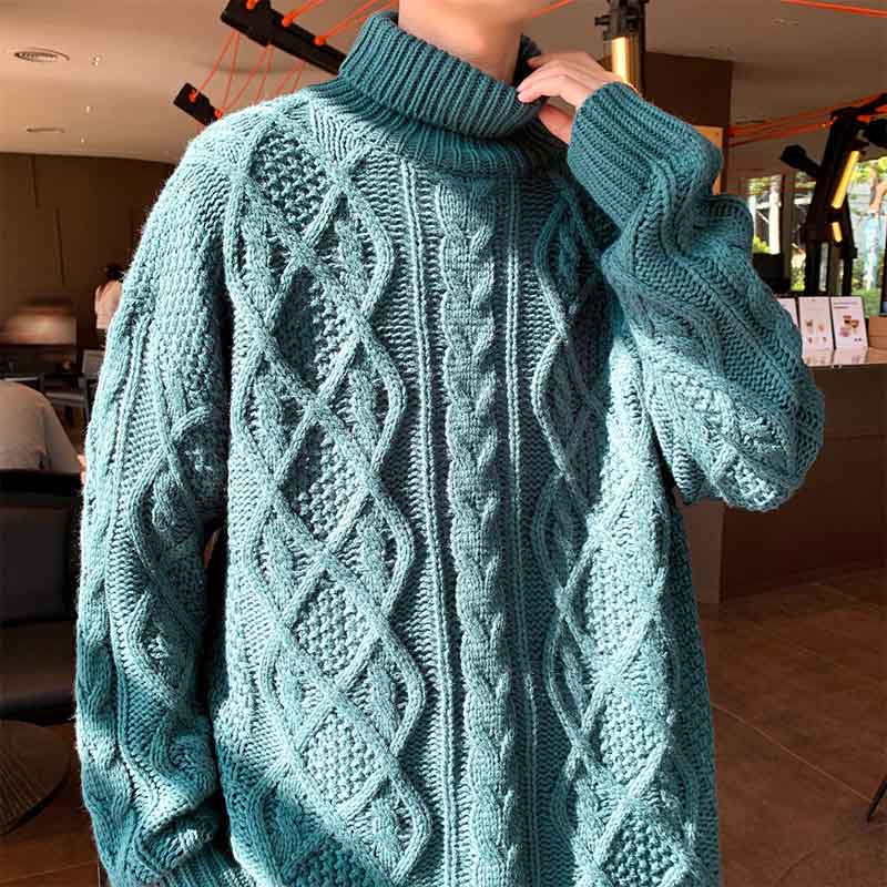 Japanese-style Retro Green Jacquard Turtleneck Men Sweater Gray