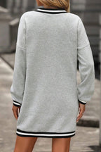 Light Grey Striped Trim V Neck Long Sleeve Preppy T Shirt Dress- Women