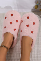 Pink Heart Shape Embroidered Slip On Plush Slippers- Women