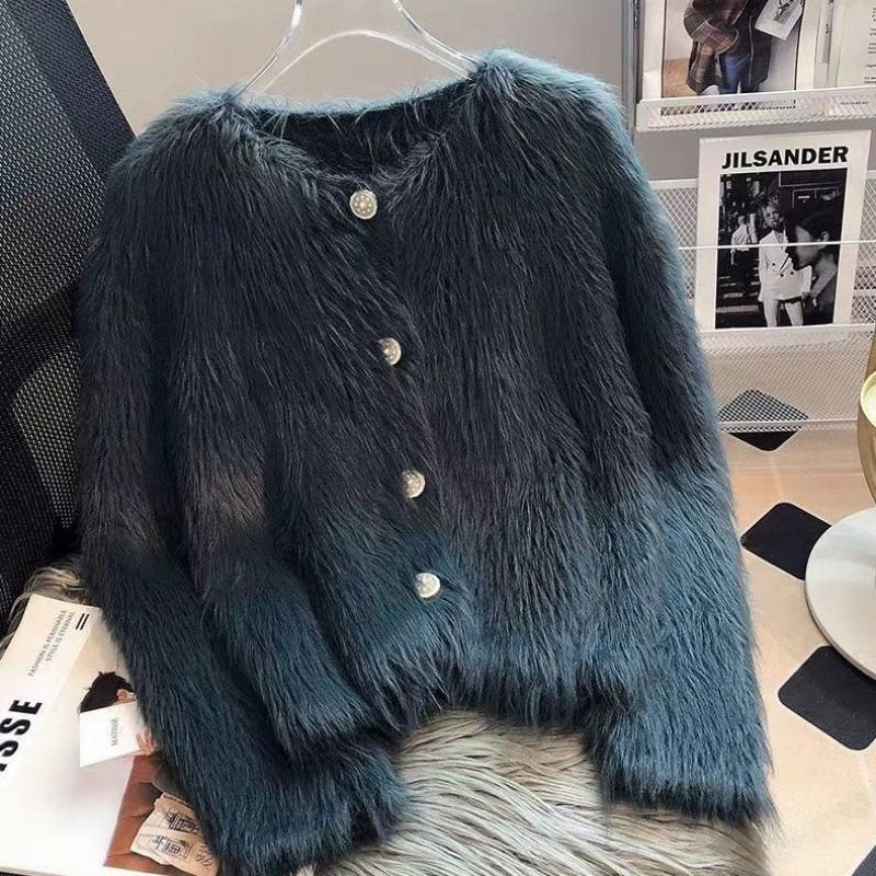 Women's Faux Mink Velvet Knit Cardigan Sweater Coat, Thickened For Autumn And Winter 2025, New Short European Style, Soft And Plush Black