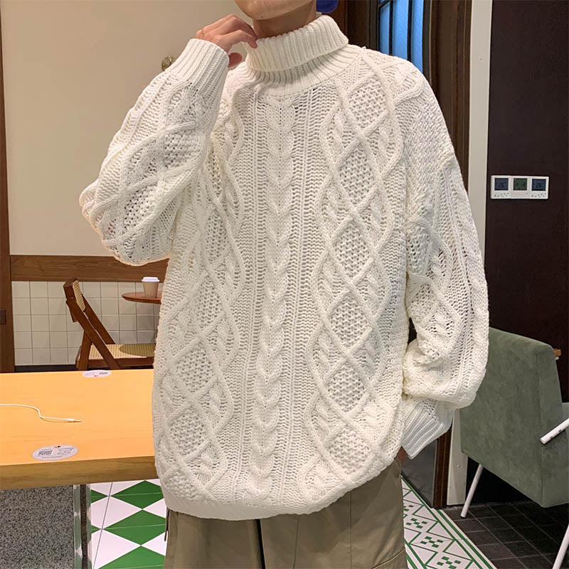 Japanese-style Retro Green Jacquard Turtleneck Men Sweater Apricot