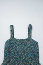 Green Floral Print Smocked High Waist Square Neck Jumpsuit- Women