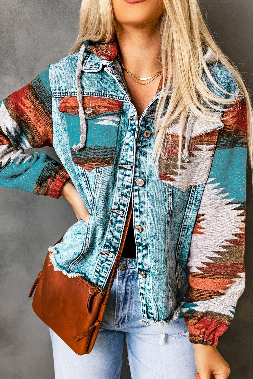 Multicolor Aztec Print Frayed Hem Denim Jacket- Women