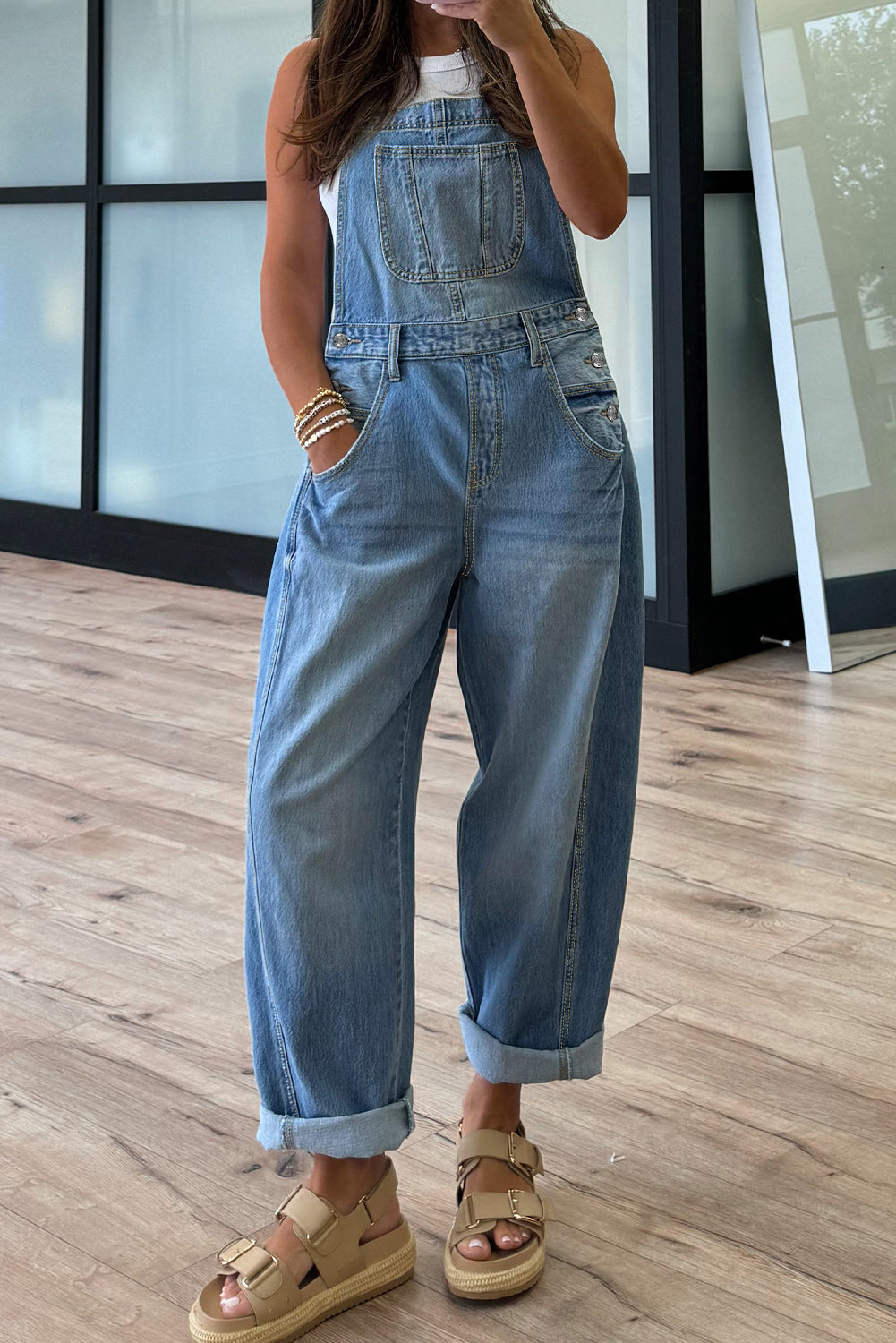 Dusk Blue Adjustable Buckle Barrel Denim Overalls- Women Dusk Blue 72%Cotton+26%Polyester+2%Elastane