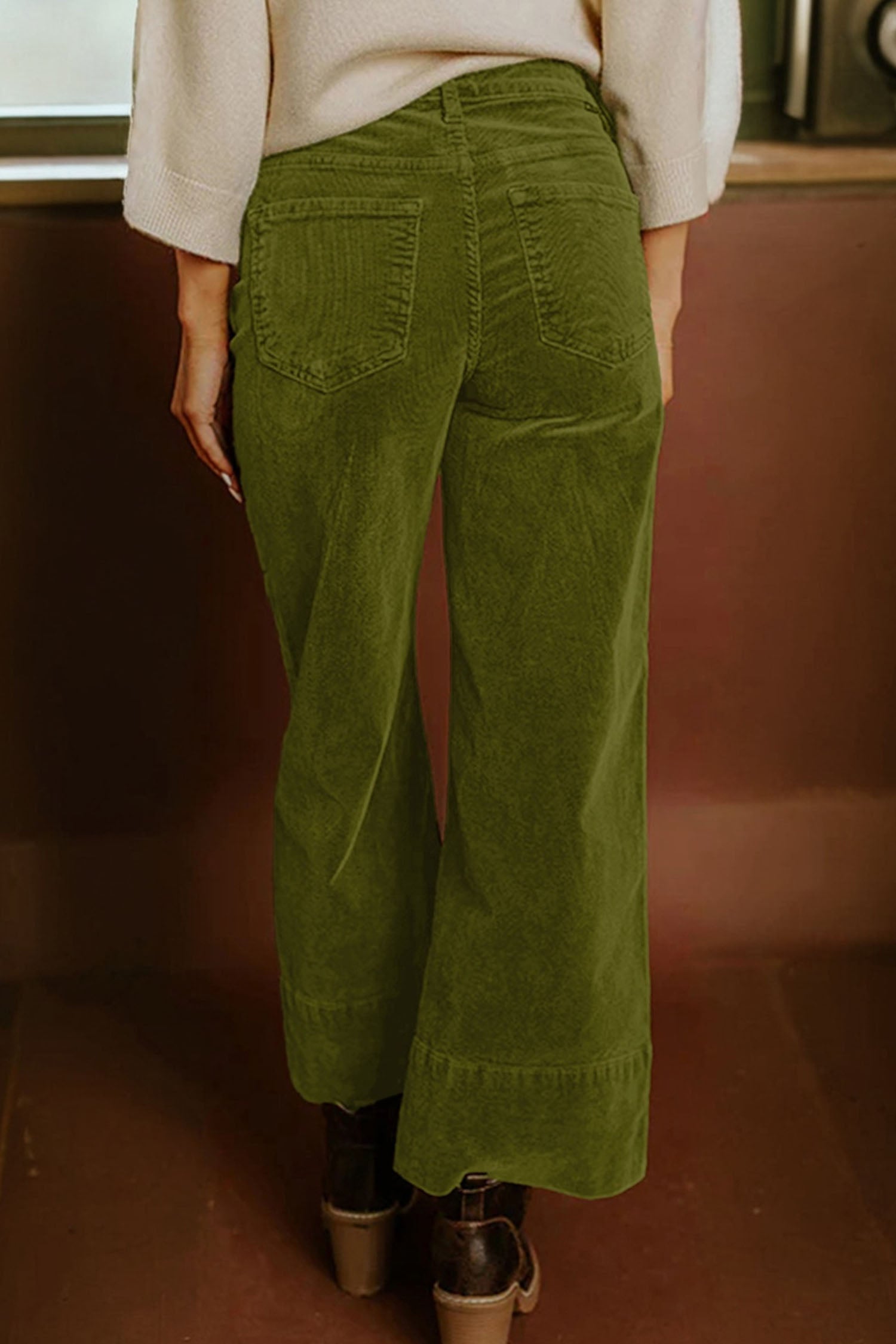 Vineyard Green Corduroy Solid Color High Waist Wide Leg Pants- Women