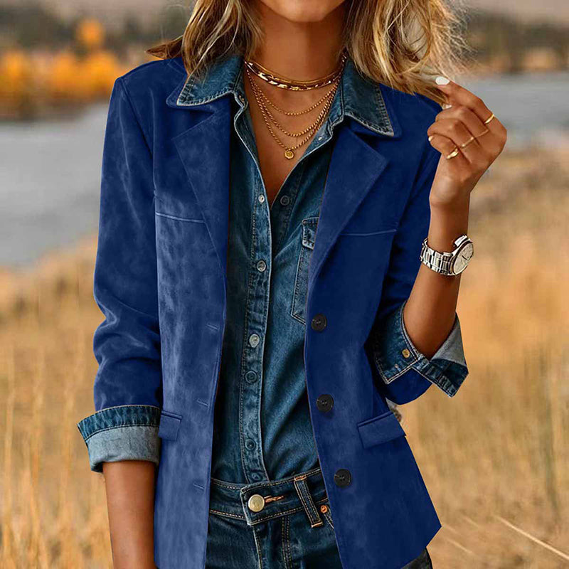 Plus Size Women's Solid Color Blazer Jacket Notch Lapel Long Sleeve Motorcycle Coat With Pockets For Office&Formal Wear Dark Blue