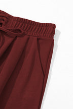 Burgundy Tied Elastic High Waist Pleated Detail Solid Sweatpants- Women