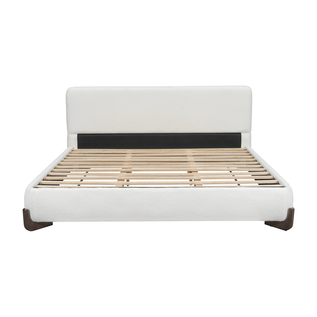 Elegant White Boucle Upholstered King Bed with Dark Brown Solid Wood Legs, Luxurious Bedroom Centerpiece