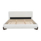 Elegant White Boucle Upholstered King Bed with Dark Brown Solid Wood Legs, Luxurious Bedroom Centerpiece