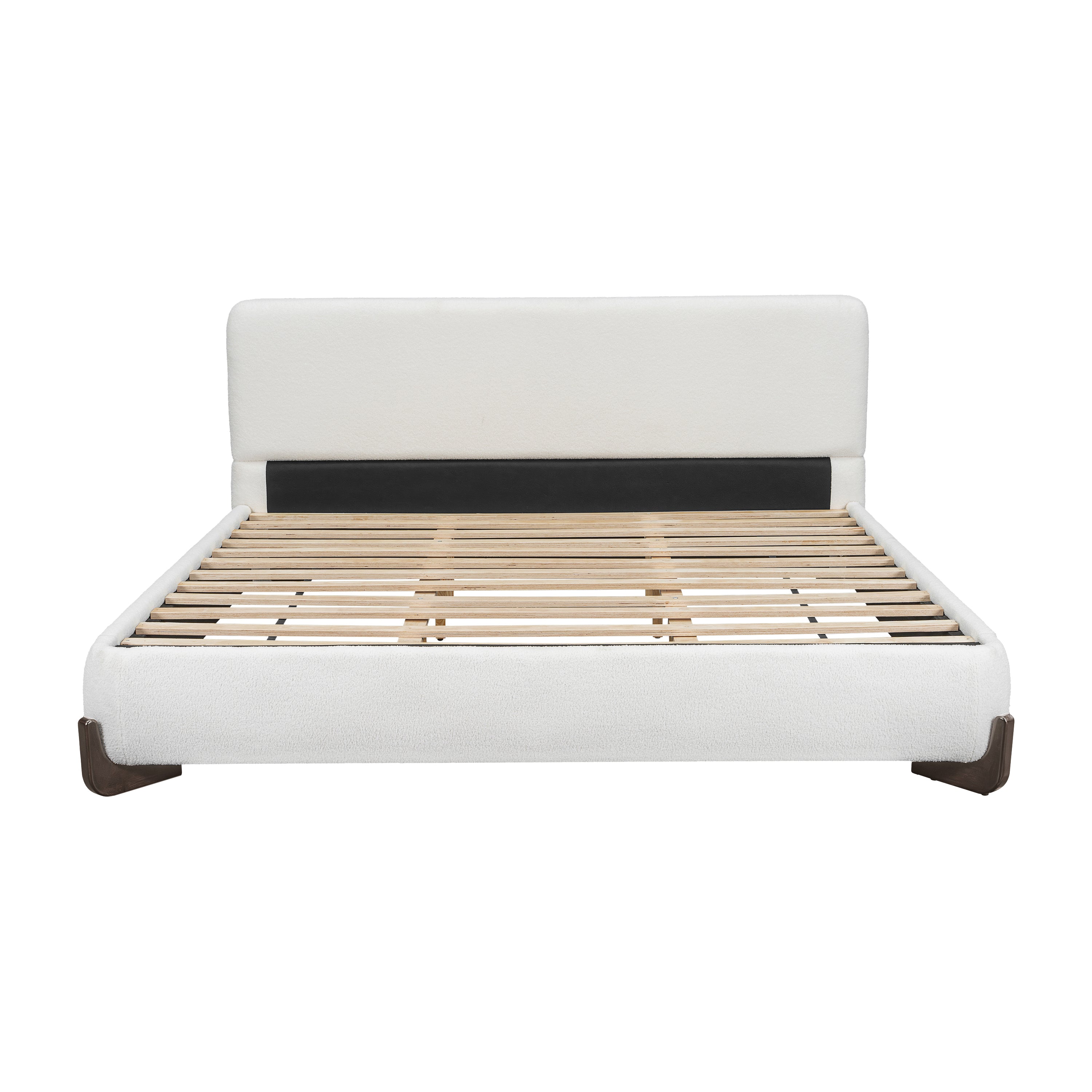 Elegant White Boucle Upholstered King Bed with Dark Brown Solid Wood Legs, Luxurious Bedroom Centerpiece