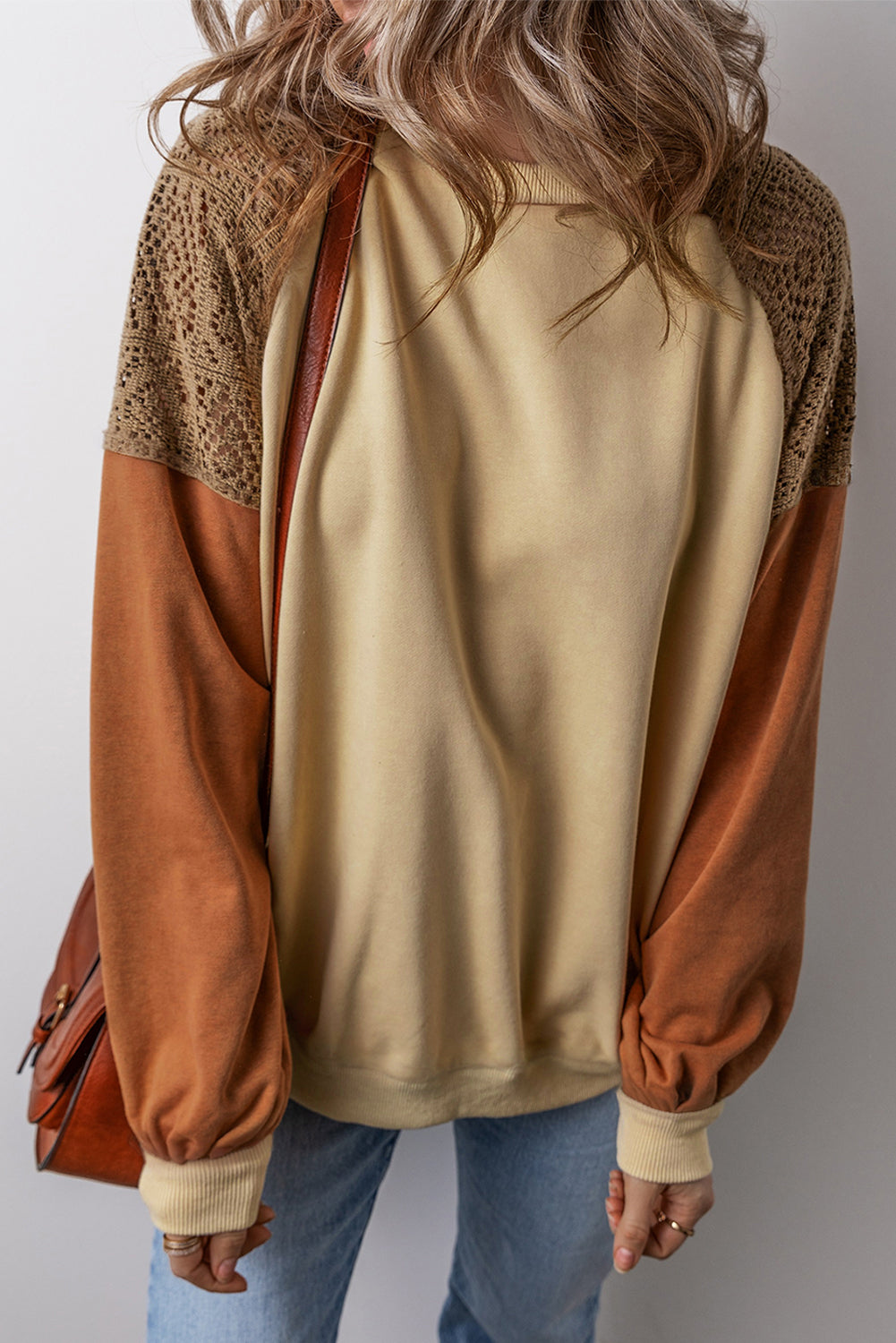 Khaki Lace Patchwork Colorblock Drop Shoulder Sweatshirt- Women Khaki 65%Polyester+35%Cotton
