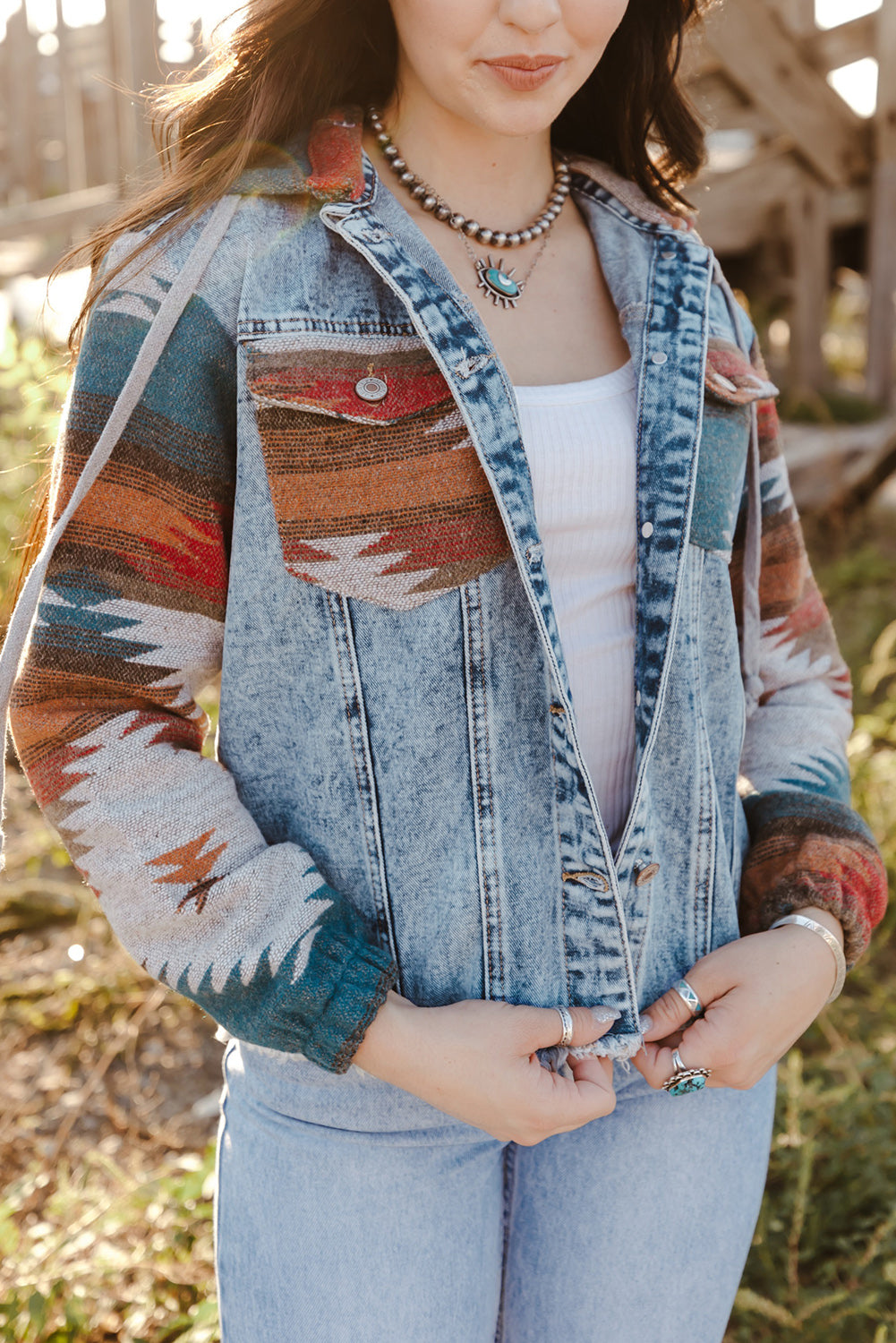 Multicolor Aztec Print Frayed Hem Denim Jacket- Women