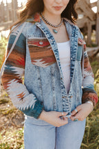 Multicolor Aztec Print Frayed Hem Denim Jacket- Women