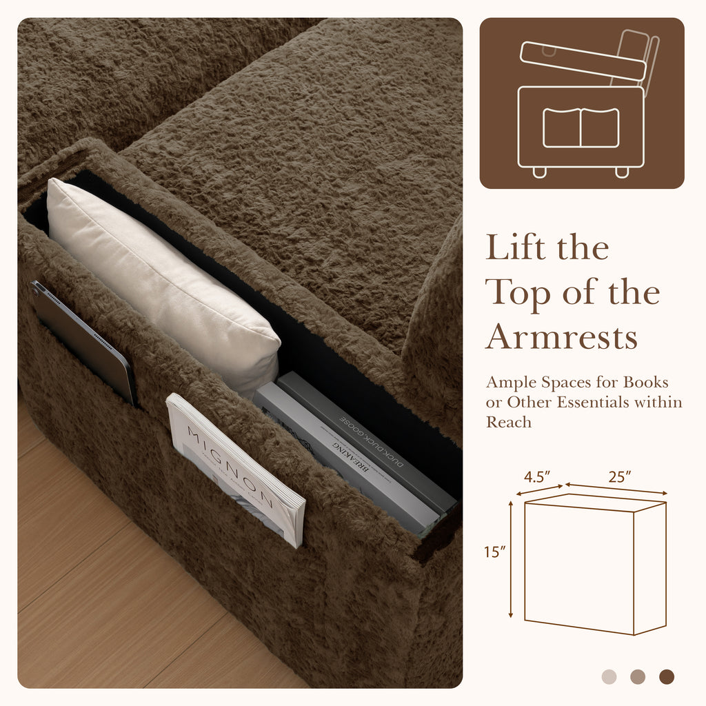 Oversized Chaise Lounge Indoor Faux Rabbit Fur Sofa Bed with Storage Ottoman and Armrests, Cup Holders, 42' Upholstered Sleeper Chair, 4 Colors