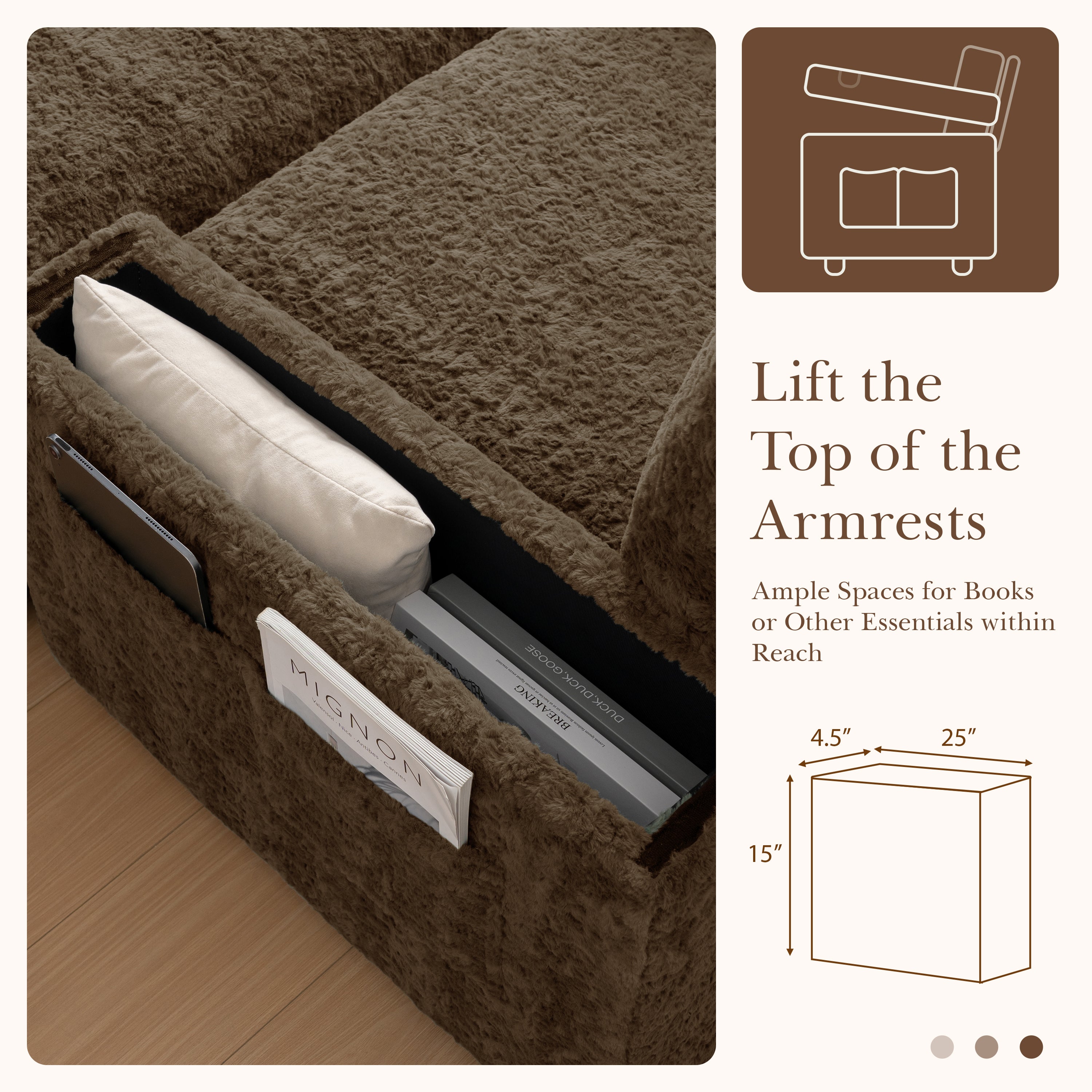 Oversized Chaise Lounge Indoor Faux Rabbit Fur Sofa Bed with Storage Ottoman and Armrests, Cup Holders, 42' Upholstered Sleeper Chair, 4 Colors