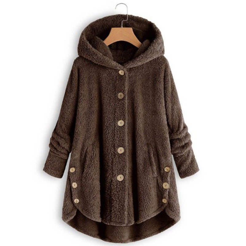 Plus Size Women's Vintage Sherpa Hooded Cardigan Plush Lined Button Up Jacket For Autumn And Winter Coffee