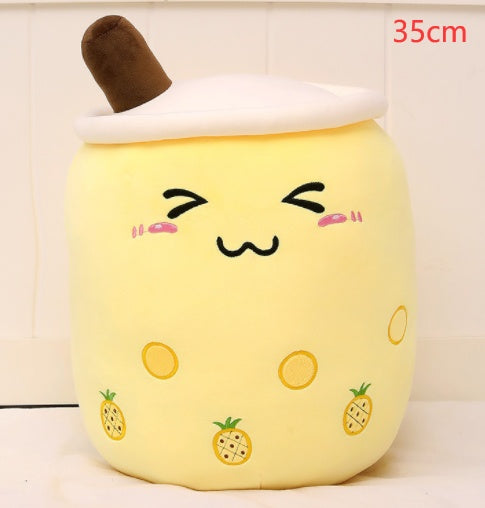 Cute Fruit Drink Plush Stuffed Soft Strawberry Milk Tea Plush Boba Tea Cup Toy Bubble Tea Pillow Cushion Kids Gift Yellow 35CM