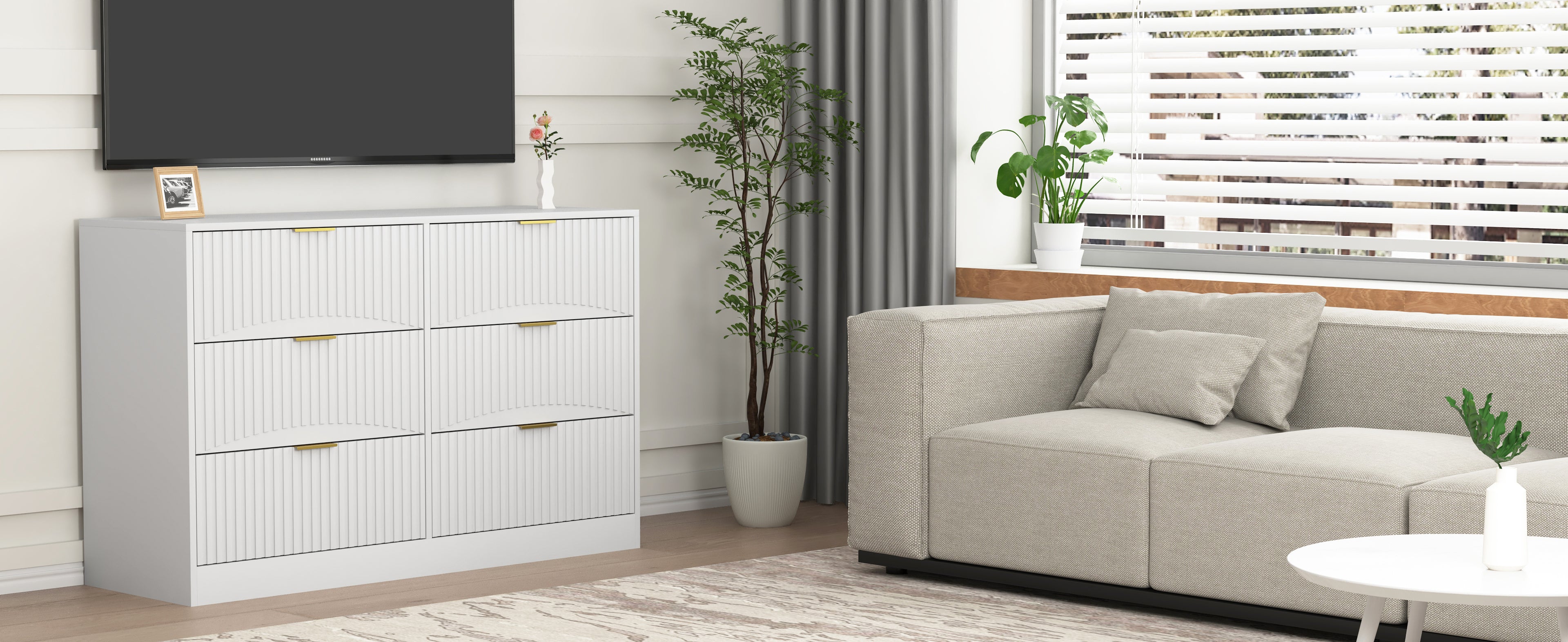 Modern 6-Drawer Dresser, Chest of Drawers for Bedroom, Living Room, Hallway, and Entryway - Large Storage Cabinet, White,Drawer panel with wavy patterns