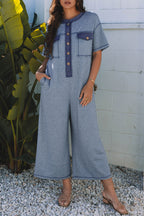 Beau Blue Half Placket Chest Pockets Short Sleeve Wide Leg Jumpsuit- Women