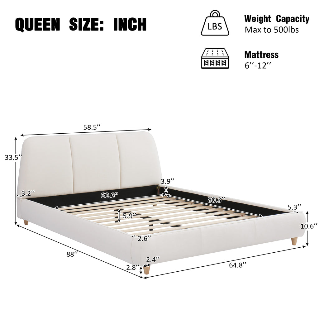 Queen Size Modern Upholstered Bed Frame with Linen Fabric and Solid Wood Legs, White