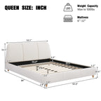 Queen Size Modern Upholstered Bed Frame with Linen Fabric and Solid Wood Legs, White