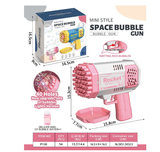 Bubble Gun Rocket 69 Holes Soap Bubbles Machine Gun Shape Automatic Blower With Light Toys For Kids Pomperos Pink