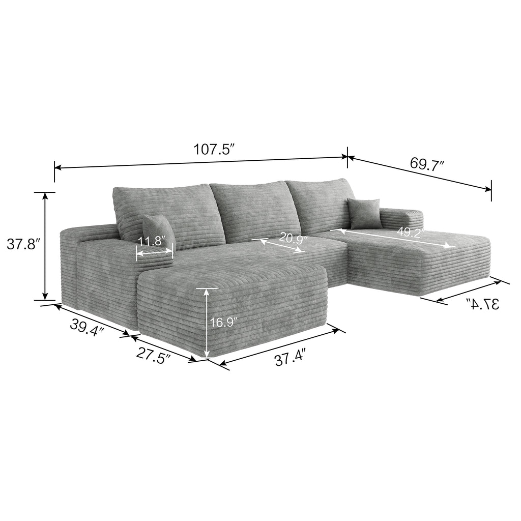 107'Cloud Sectional Sofa with 1 Ottoman,Modern Minimalist Upholstered Couches,Comfort U Shaped Sofa for Living Room,Deep Seat Corner Couch,No Assembly Required,Grey (Plush Corduroy Fabric)