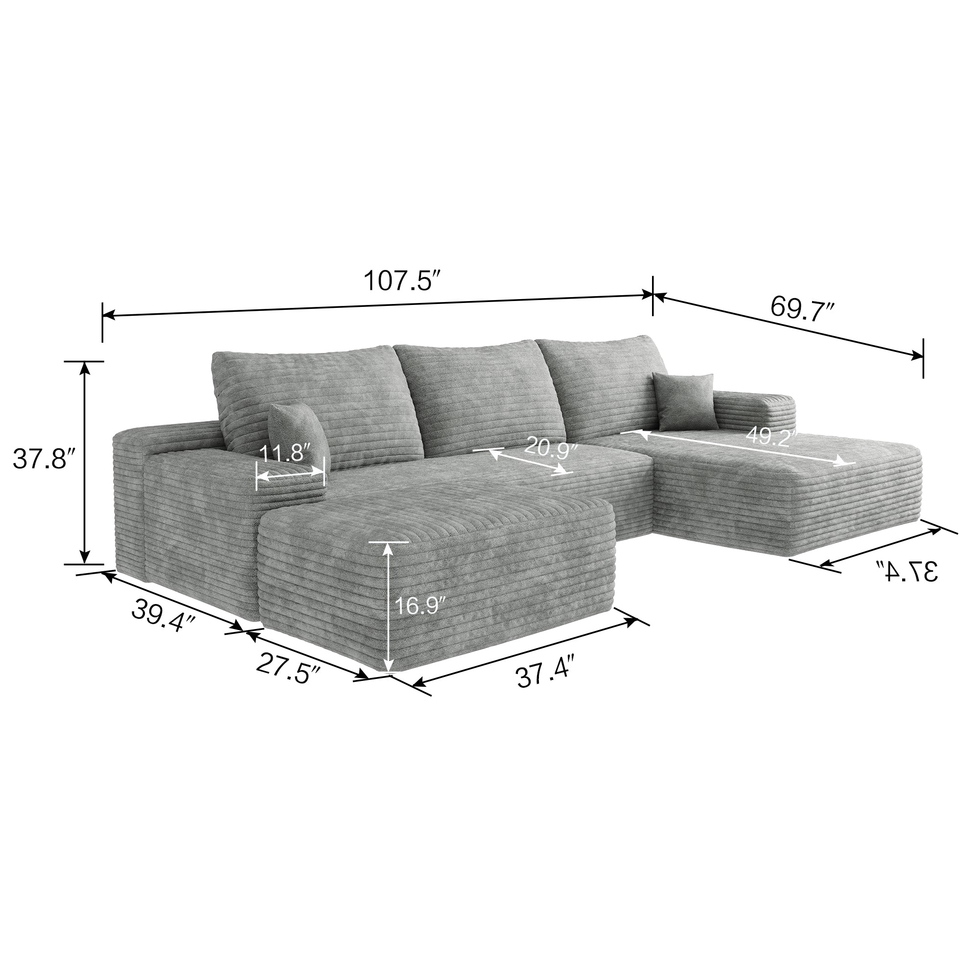 107'Cloud Sectional Sofa with 1 Ottoman,Modern Minimalist Upholstered Couches,Comfort U Shaped Sofa for Living Room,Deep Seat Corner Couch,No Assembly Required,Grey (Plush Corduroy Fabric)