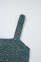 Green Floral Print Smocked High Waist Square Neck Jumpsuit- Women